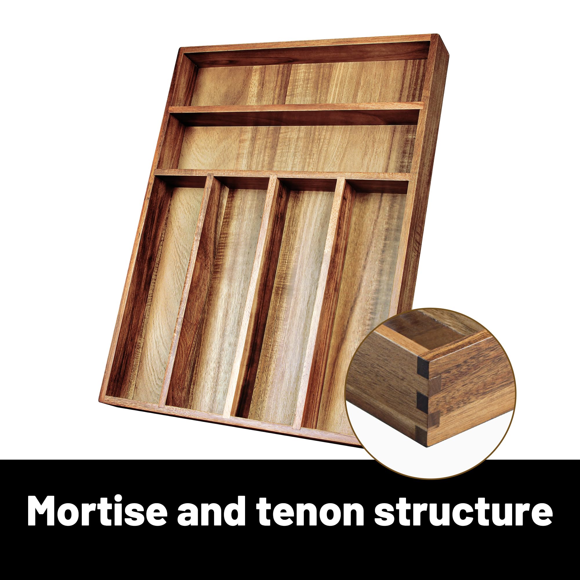 KITEISCAT Acacia Wood Silverware Organizer close-up reveals warm grain and durable construction.