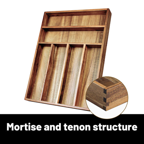 KITEISCAT Acacia Wood Silverware Organizer close-up reveals warm grain and durable construction.