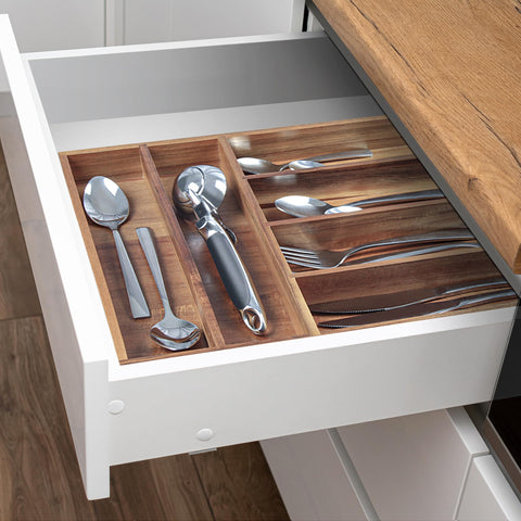 KITEISCAT Acacia Wood Silverware Organizer shows natural finish enhancing kitchen ambiance.