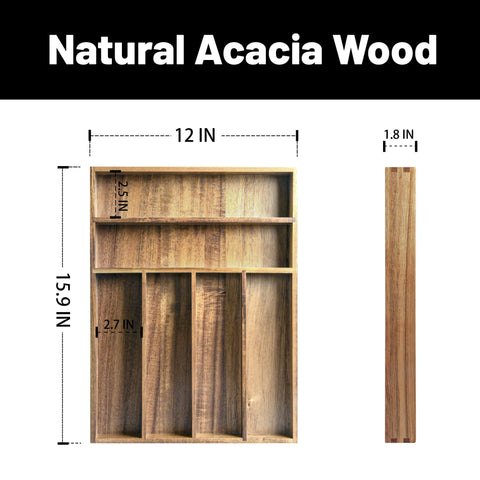 KITEISCAT Acacia Wood Silverware Organizer drawer-fit view highlights six compartments for organized cutlery.