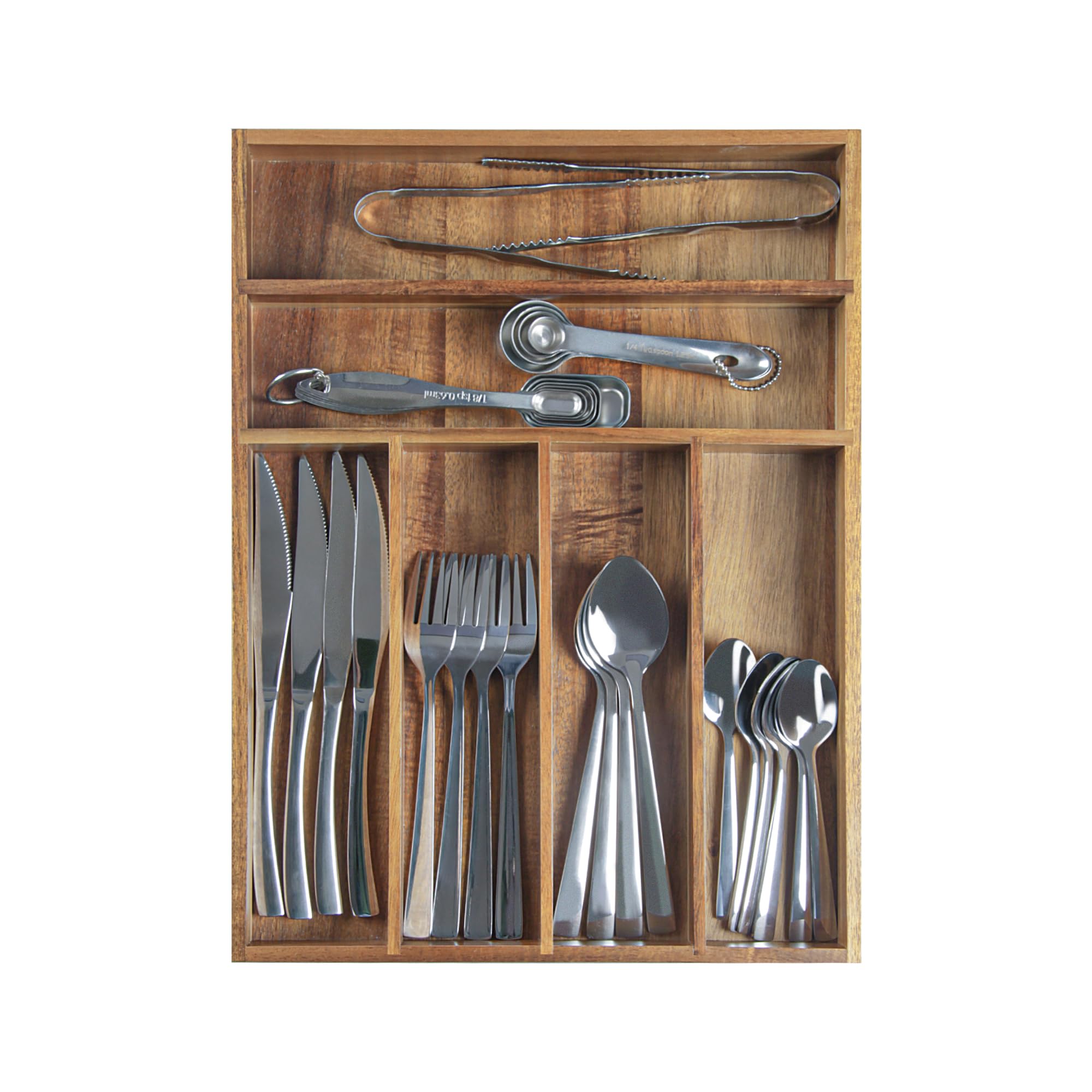 KITEISCAT Acacia Wood Silverware Organizer in action keeps forks, knives, and spoons neatly separated.