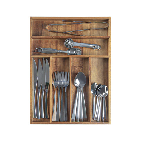 KITEISCAT Acacia Wood Silverware Organizer in action keeps forks, knives, and spoons neatly separated.