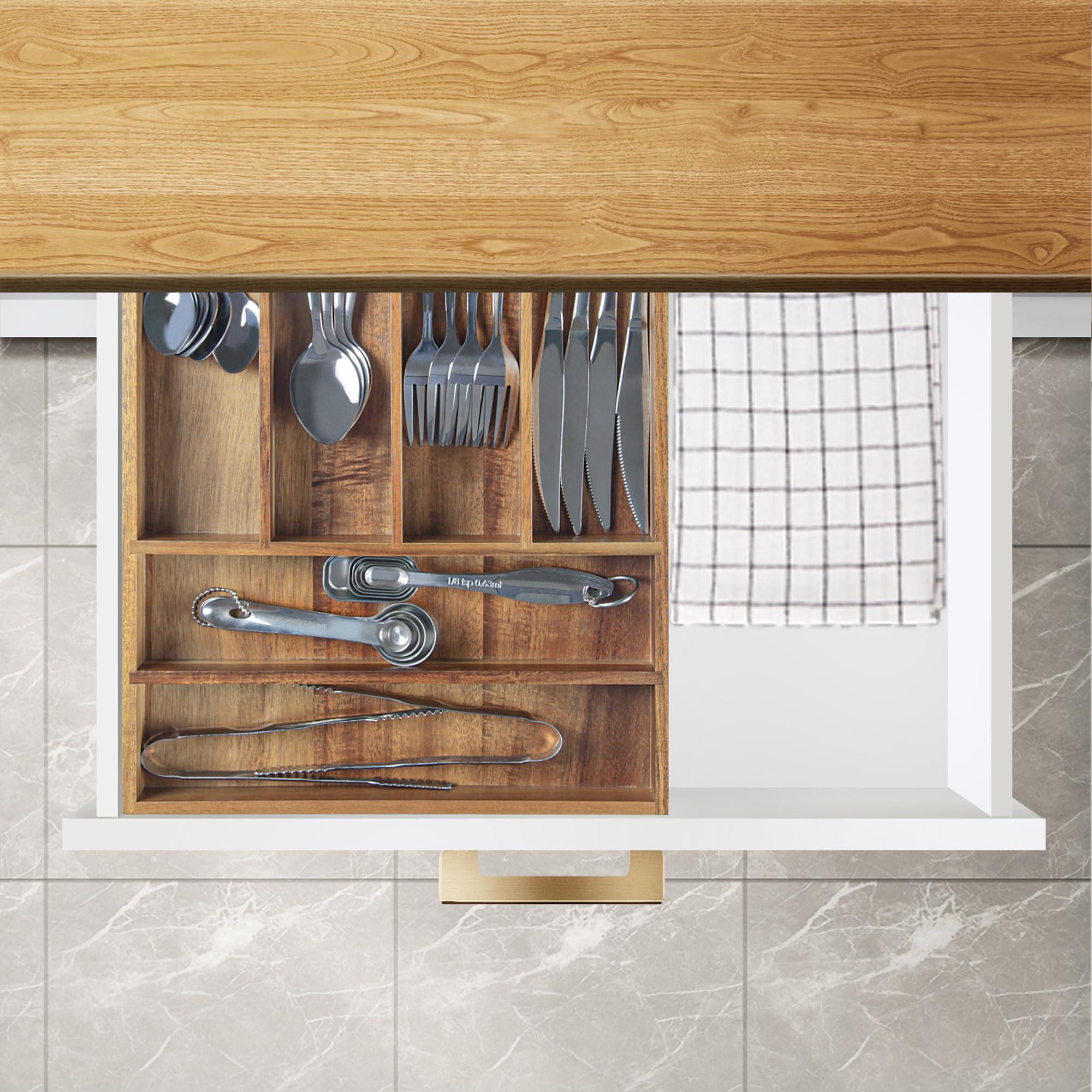 KITEISCAT Acacia Wood Silverware Organizer in top view demonstrates space-efficient drawer organization.