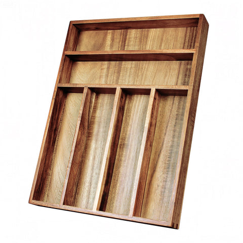 KITEISCAT Acacia Wood Silverware Organizer top view for neat drawer storage.