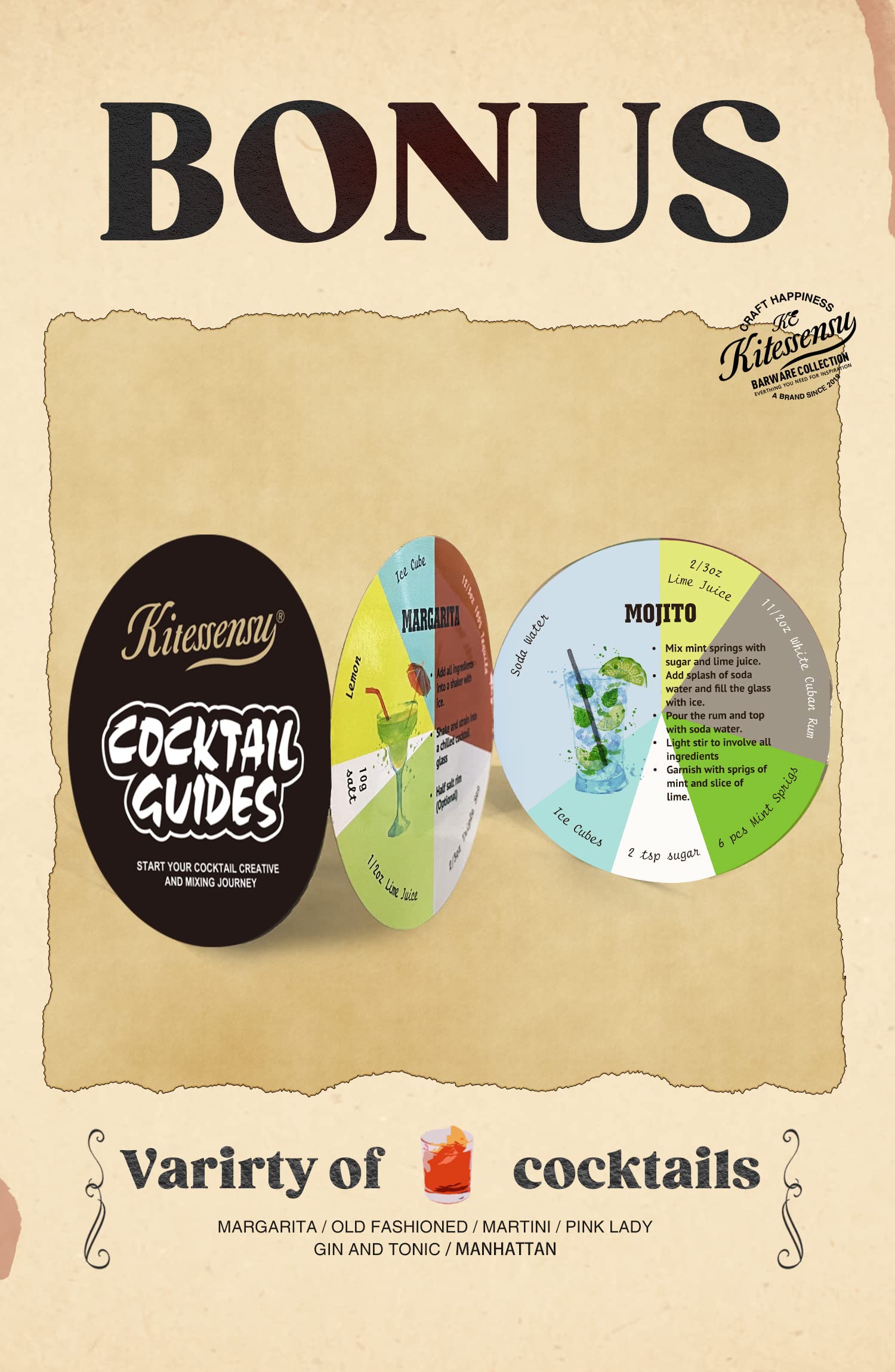 KITESSENSU cocktail recipe cards guiding you to tasty shaken drinks.