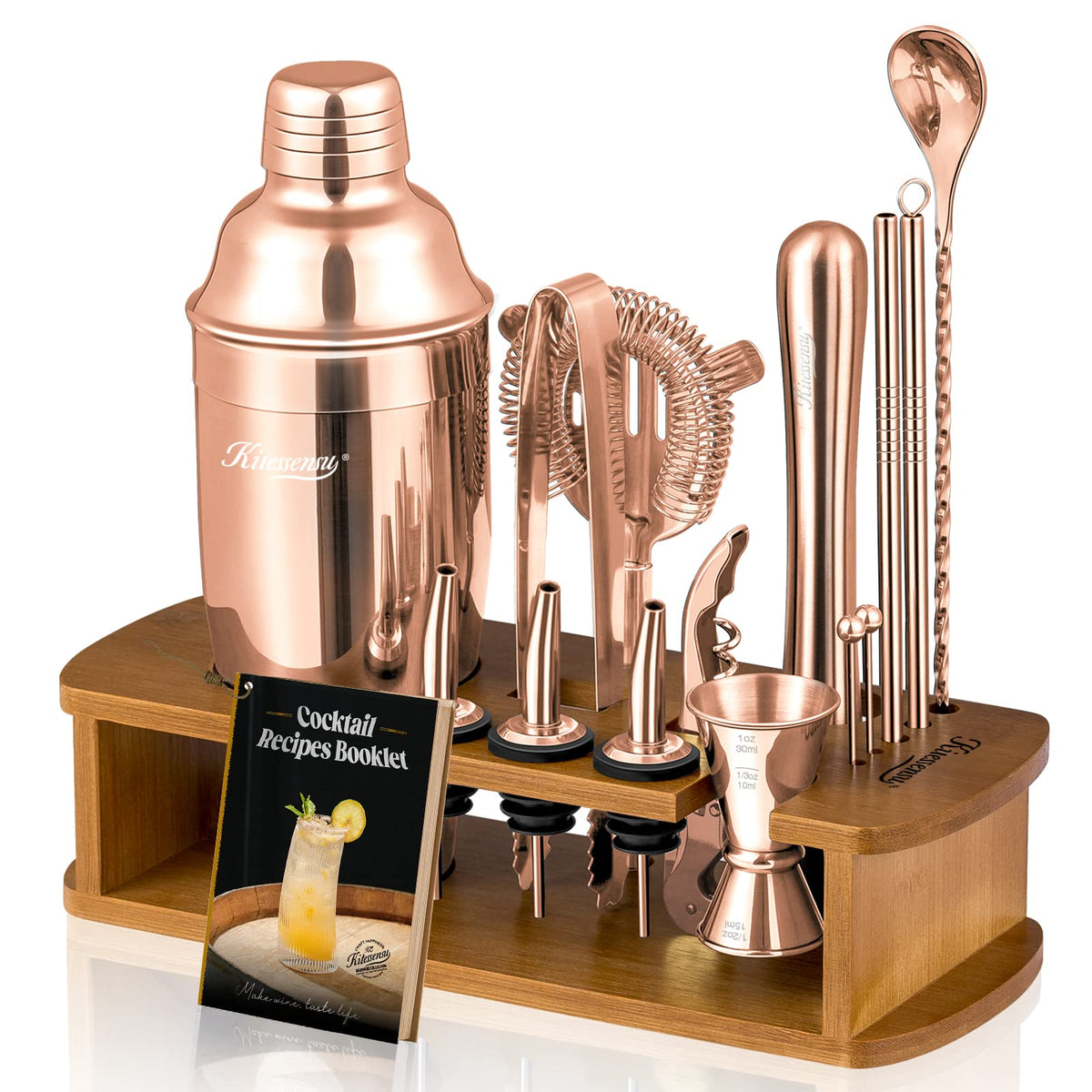 KITESSENSU rose gold cocktail shaker on stand for organized home bar