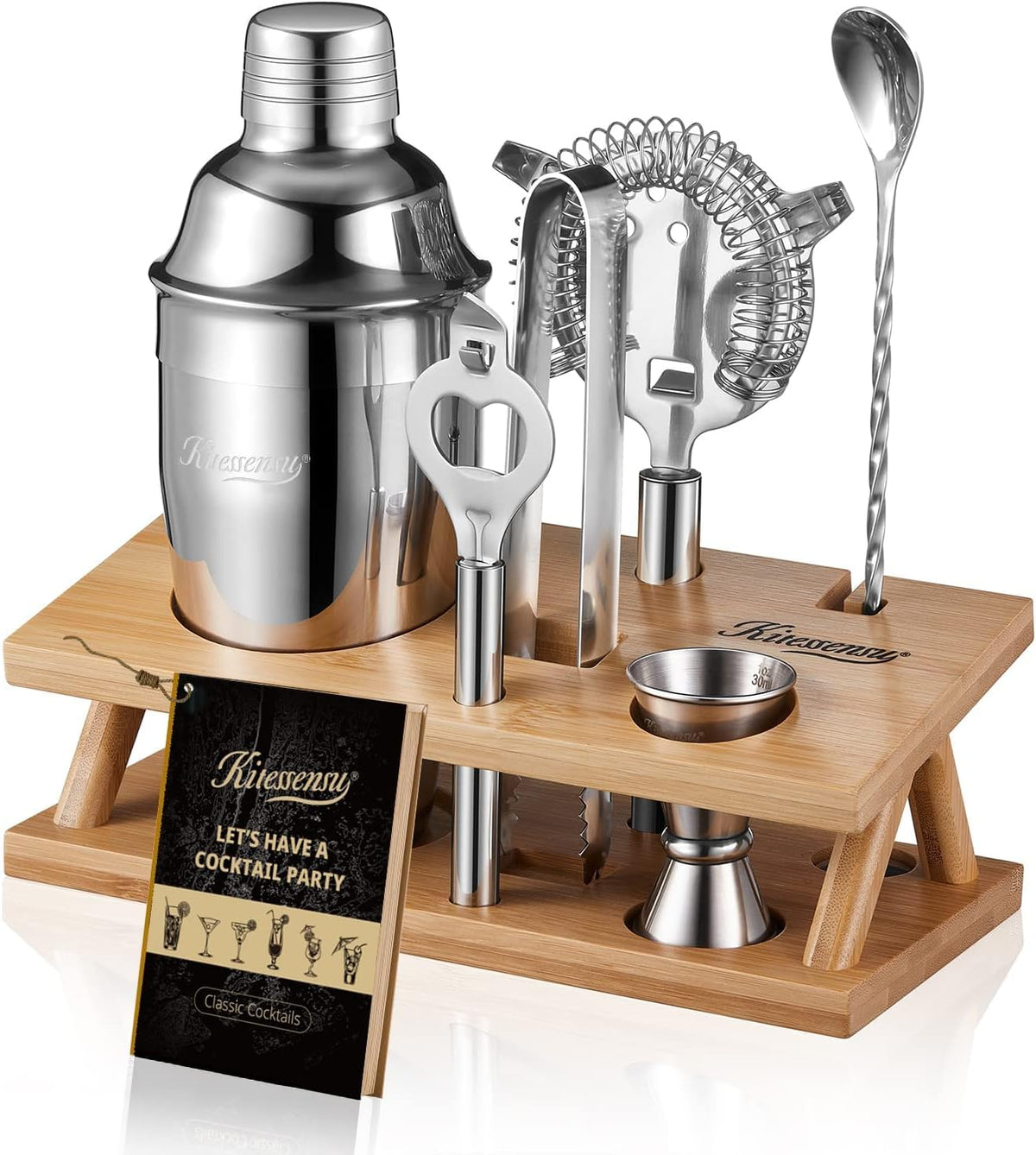 KITESSENSU cocktail shaker set with stand for organized home bartending.