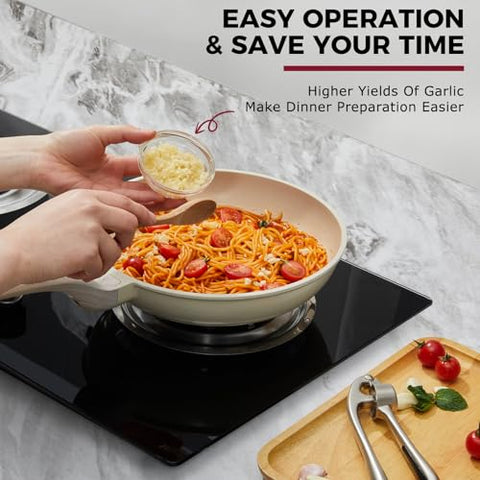 Kitessensu garlic press shown as dishwasher-safe for easy cleanup