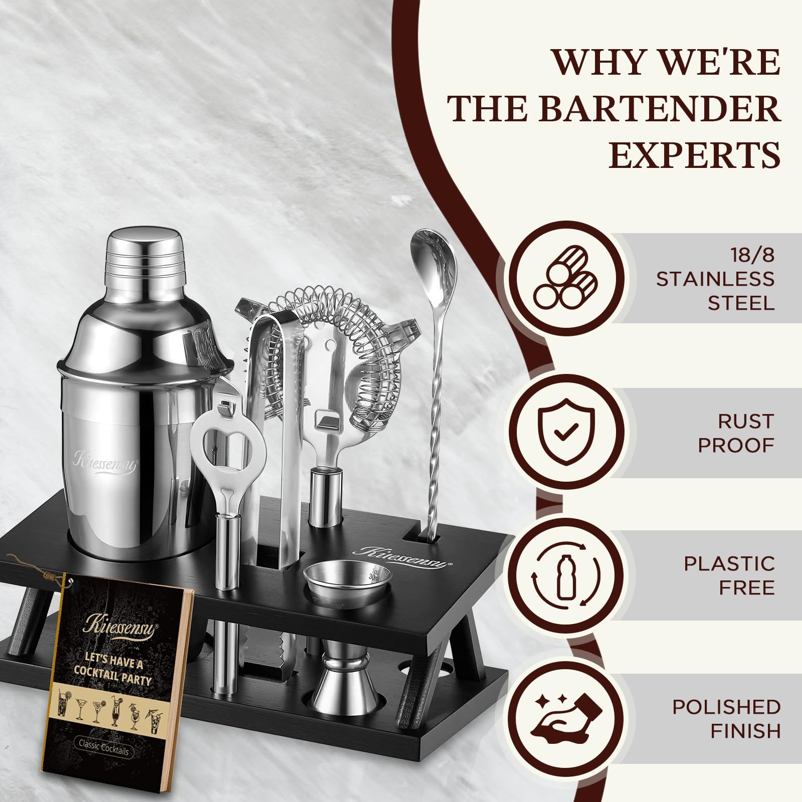 KITESSENSU jigger and strainer for accurate measurements during cocktails.