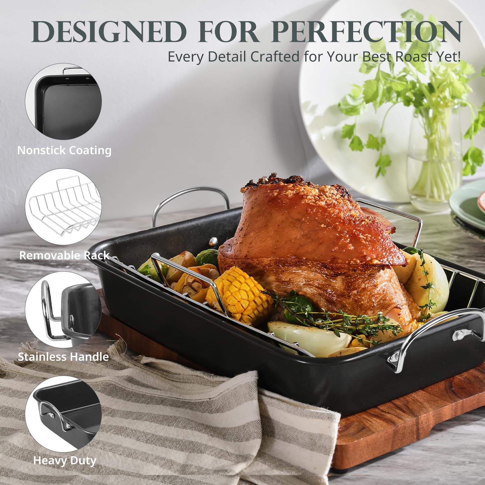 KITESSENSU turkey roaster pan with rack in oven-ready setup for even browning