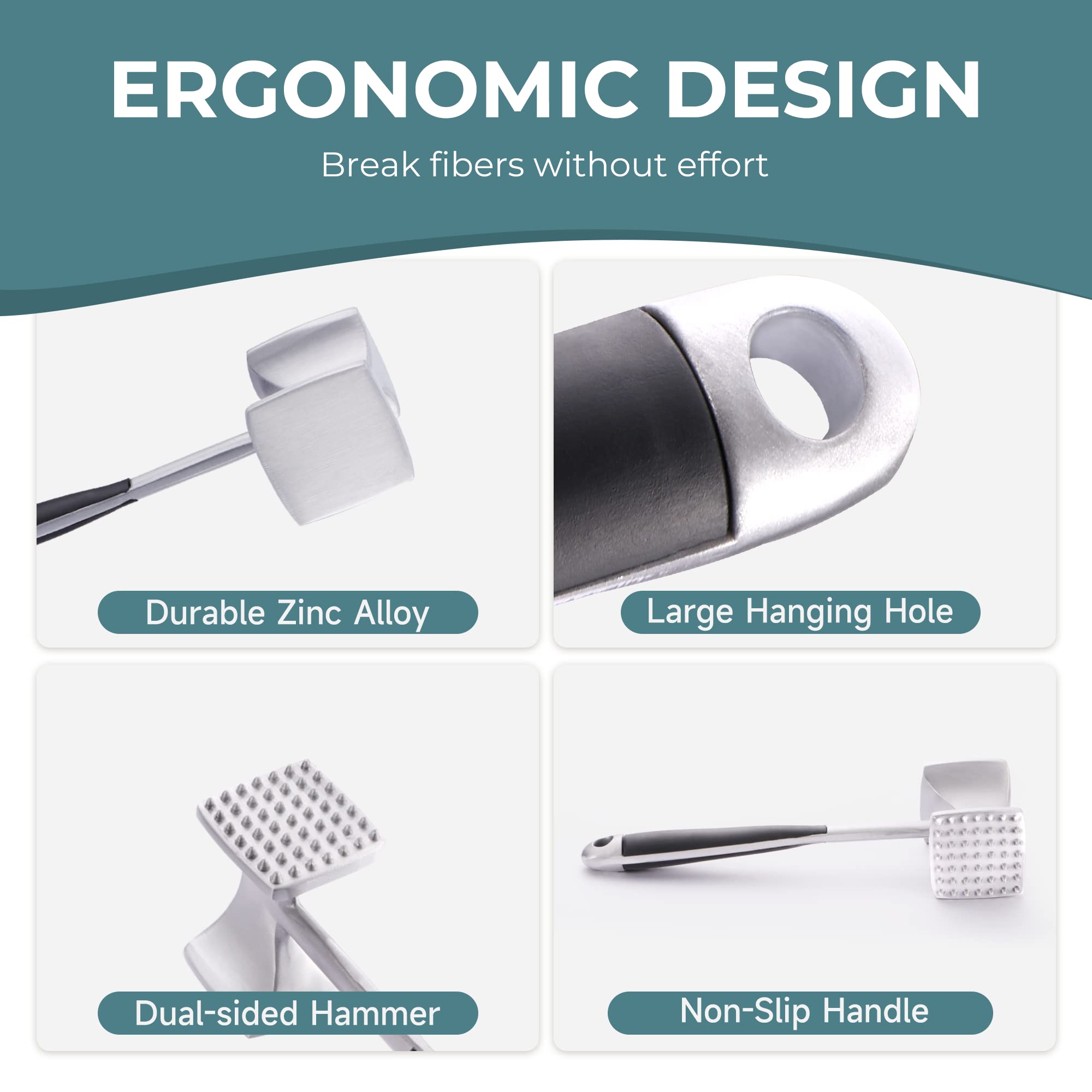 KitExpert meat tenderizer hammer showing ergonomic handle during use.