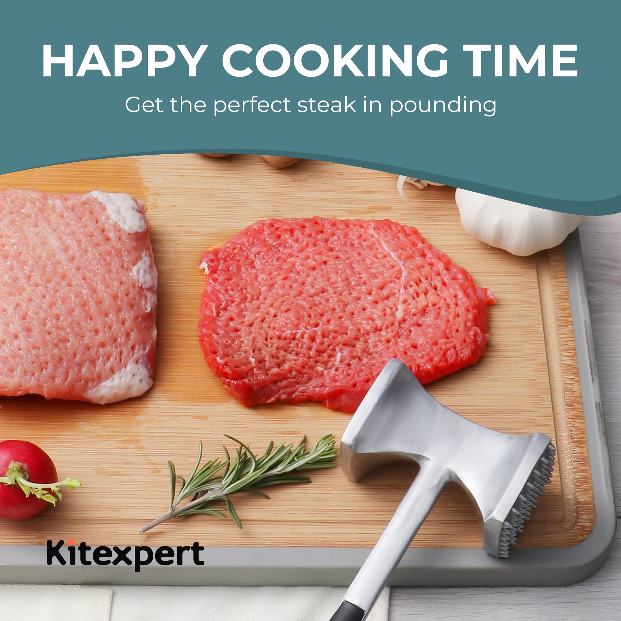 KitExpert meat tenderizer hammer in use on meat prep station.
