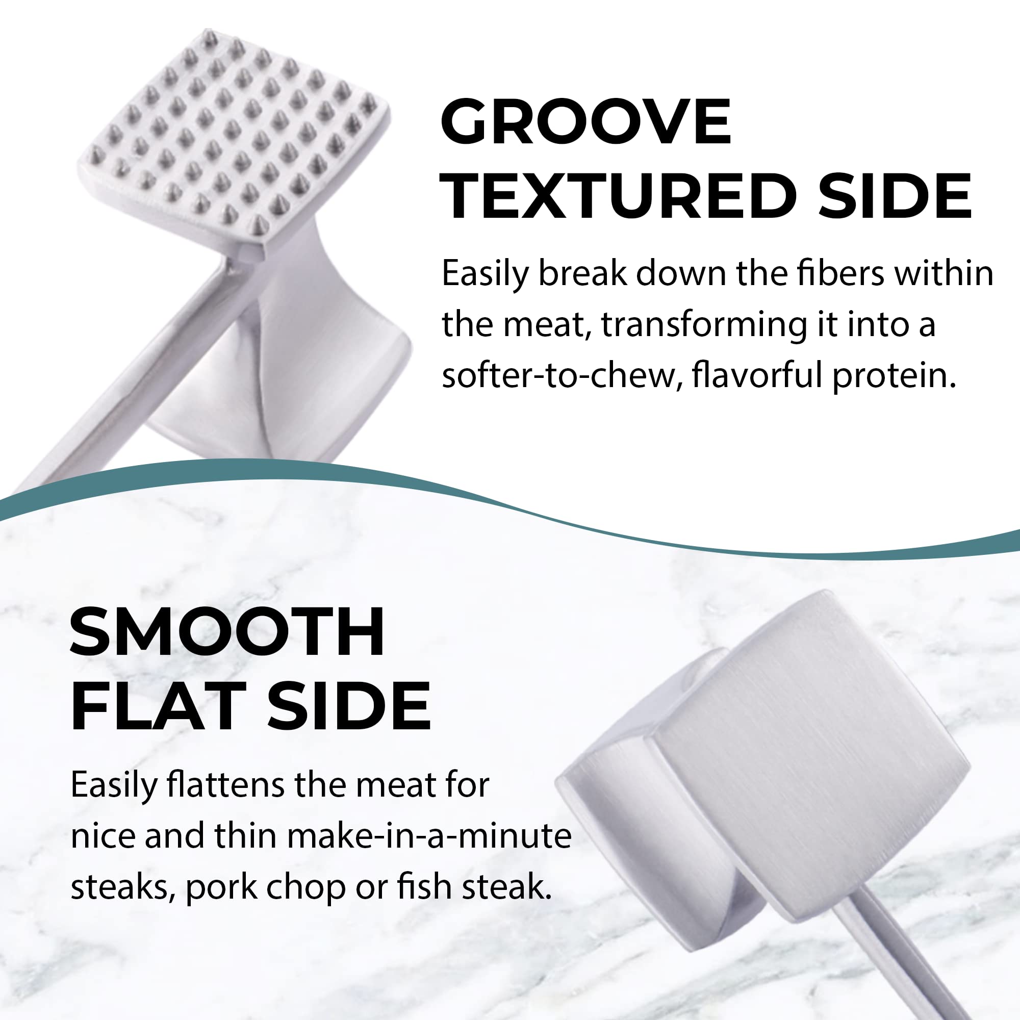 KitExpert tenderizer hammer smooth side flattens steaks for even cooking.