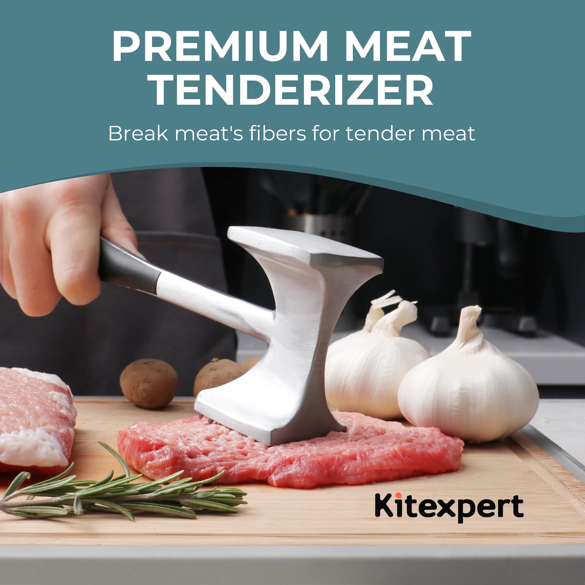 KitExpert tenderizer hammer textured side tenderizes tougher cuts for better results.
