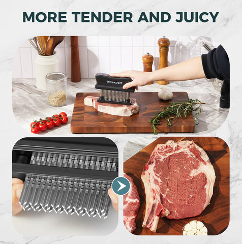 Kitexpert tenderizer with stainless steel needles piercing meat for quicker marination.