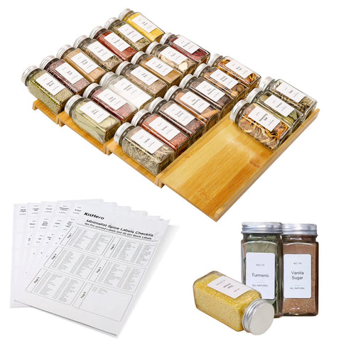 KitHero spice drawer organizer with 24 jars neatly arranged for easy reach