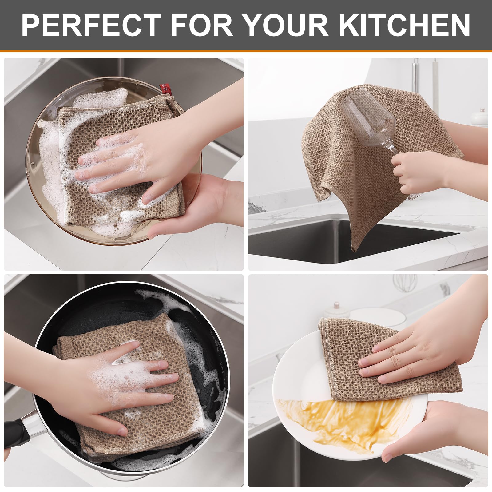 Kitinjoy dish cloths in tan color, 12x12 inches for versatile kitchen tasks.
