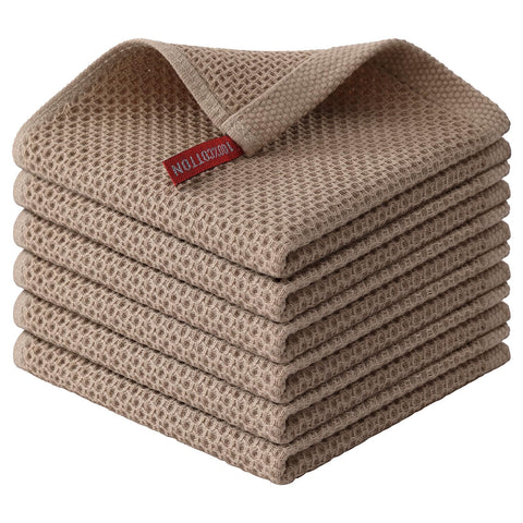 Kitinjoy dish cloths with honeycomb weave for quick absorption while drying dishes.