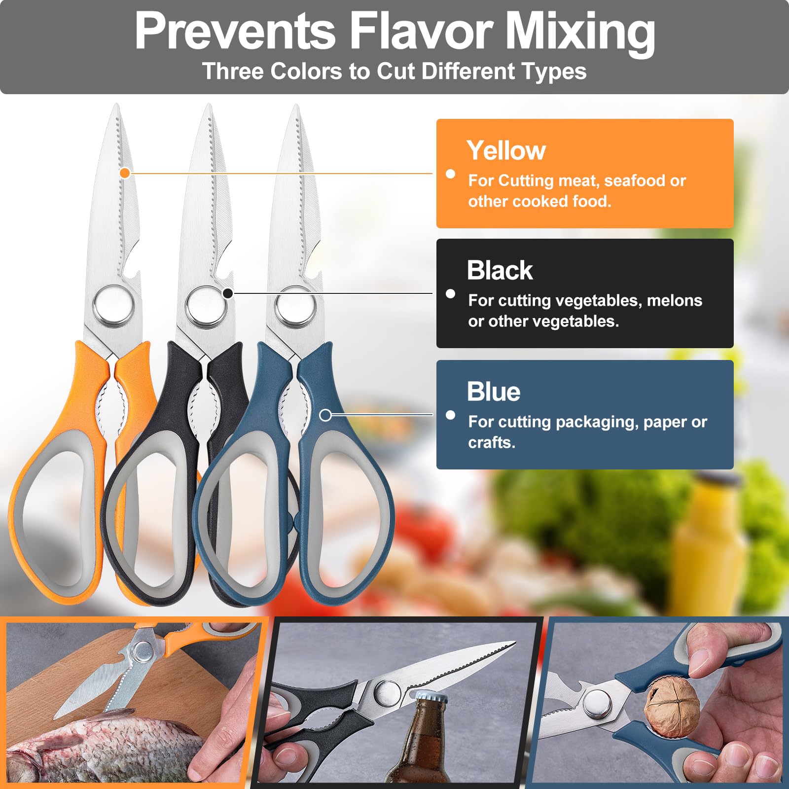 KitNats 3-pack kitchen shears blue handles for versatile prep.
