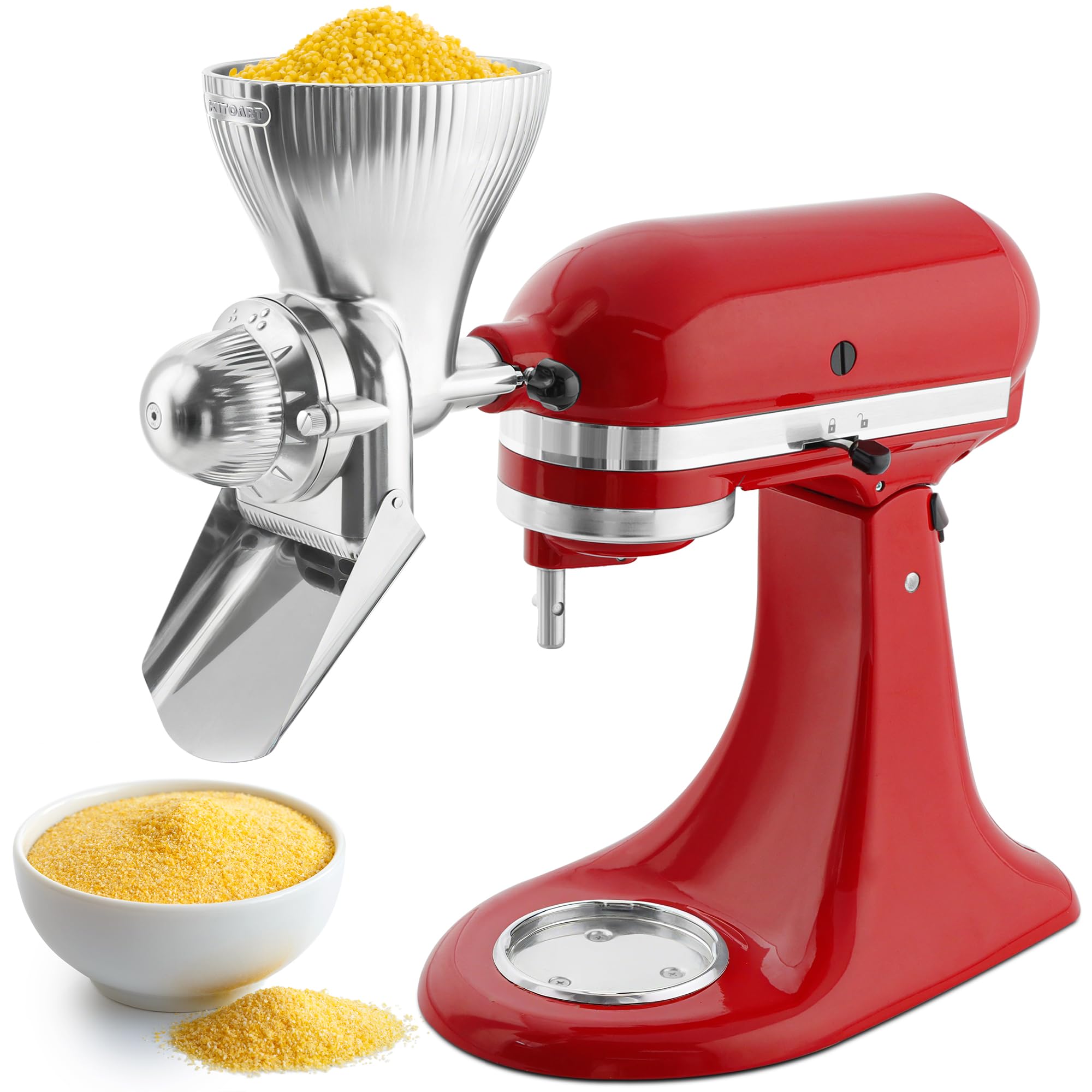 KITOART grain mill attachment, front view, for KitchenAid.