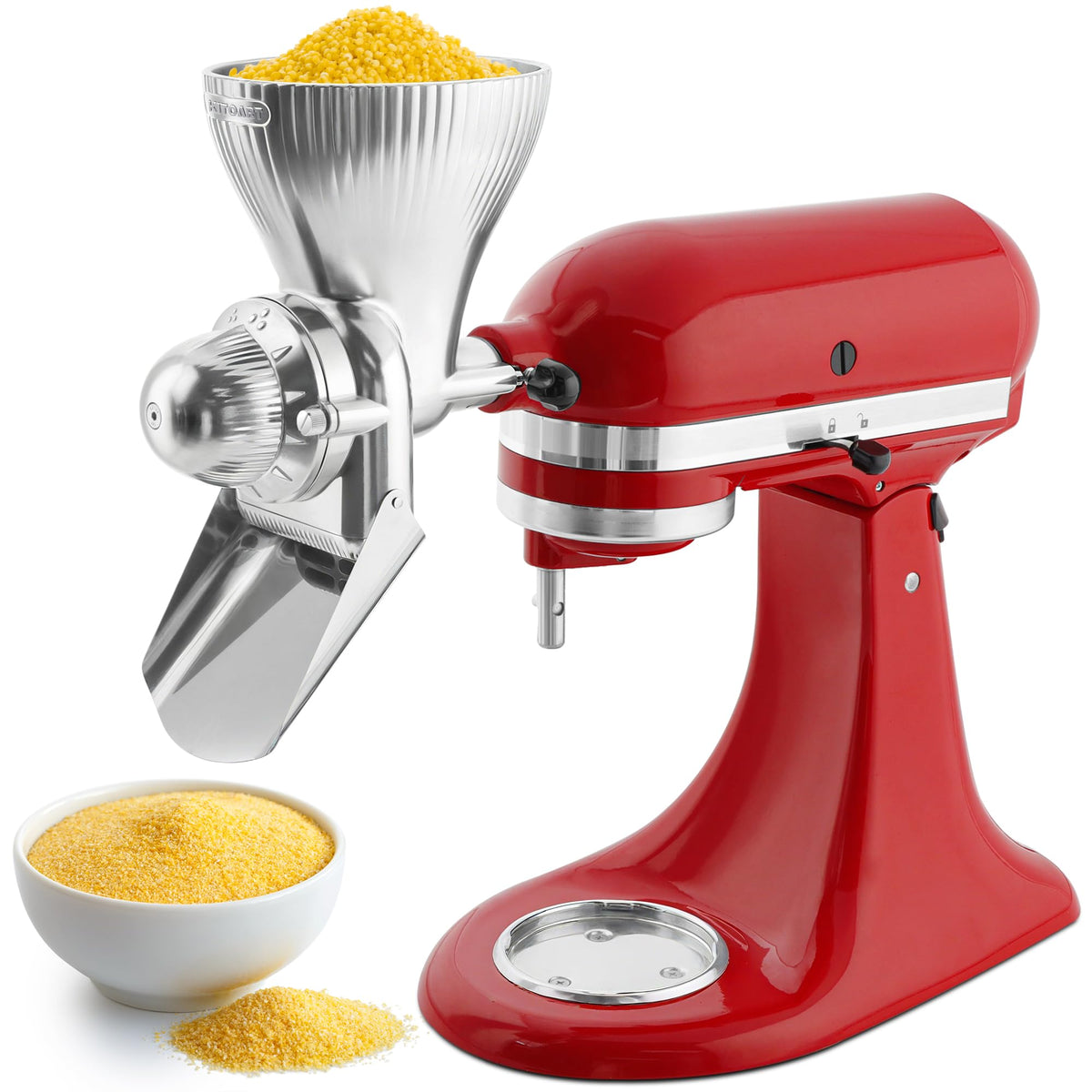 KITOART grain mill attachment, front view, for KitchenAid.