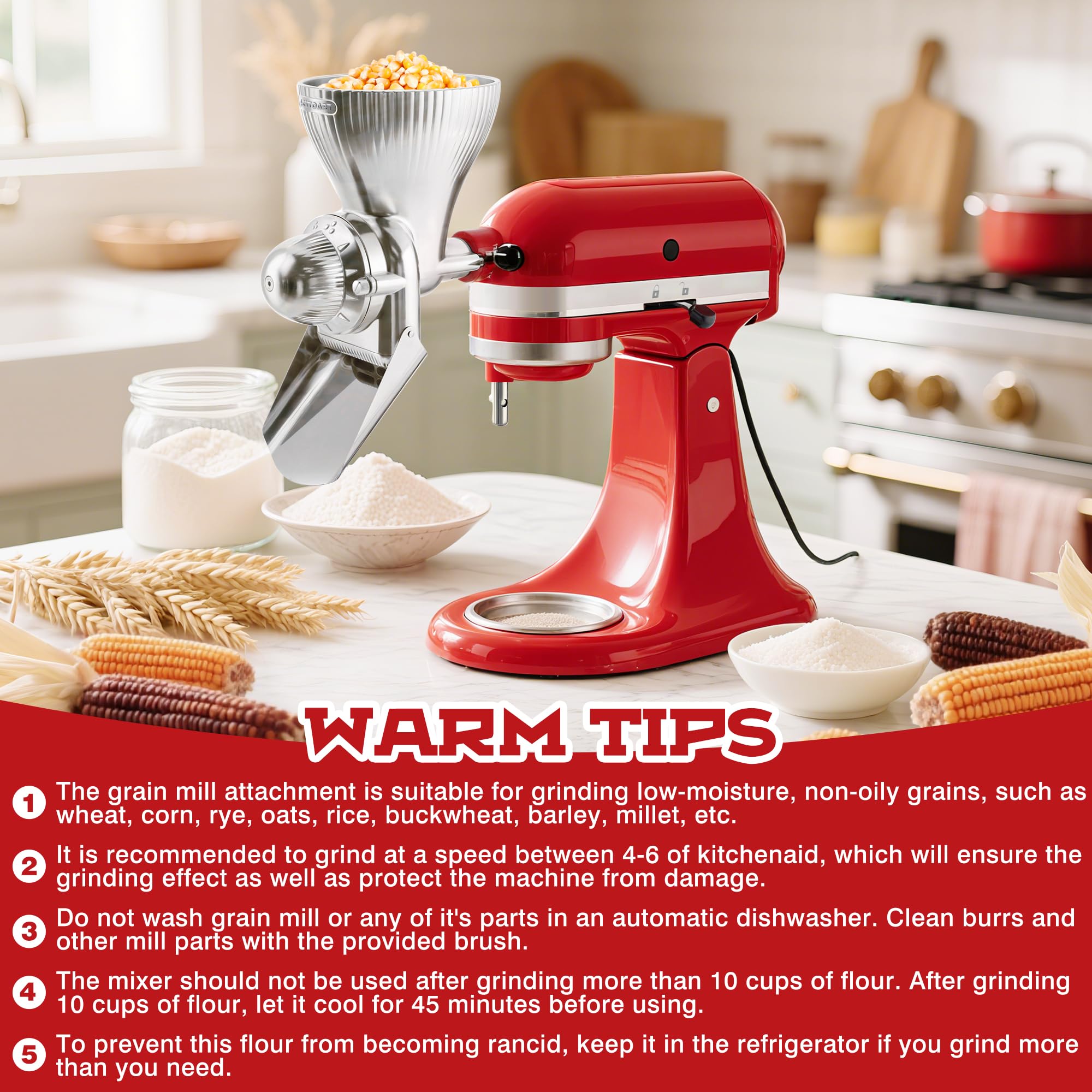 KITOART grain mill grinding wheat in a home kitchen.