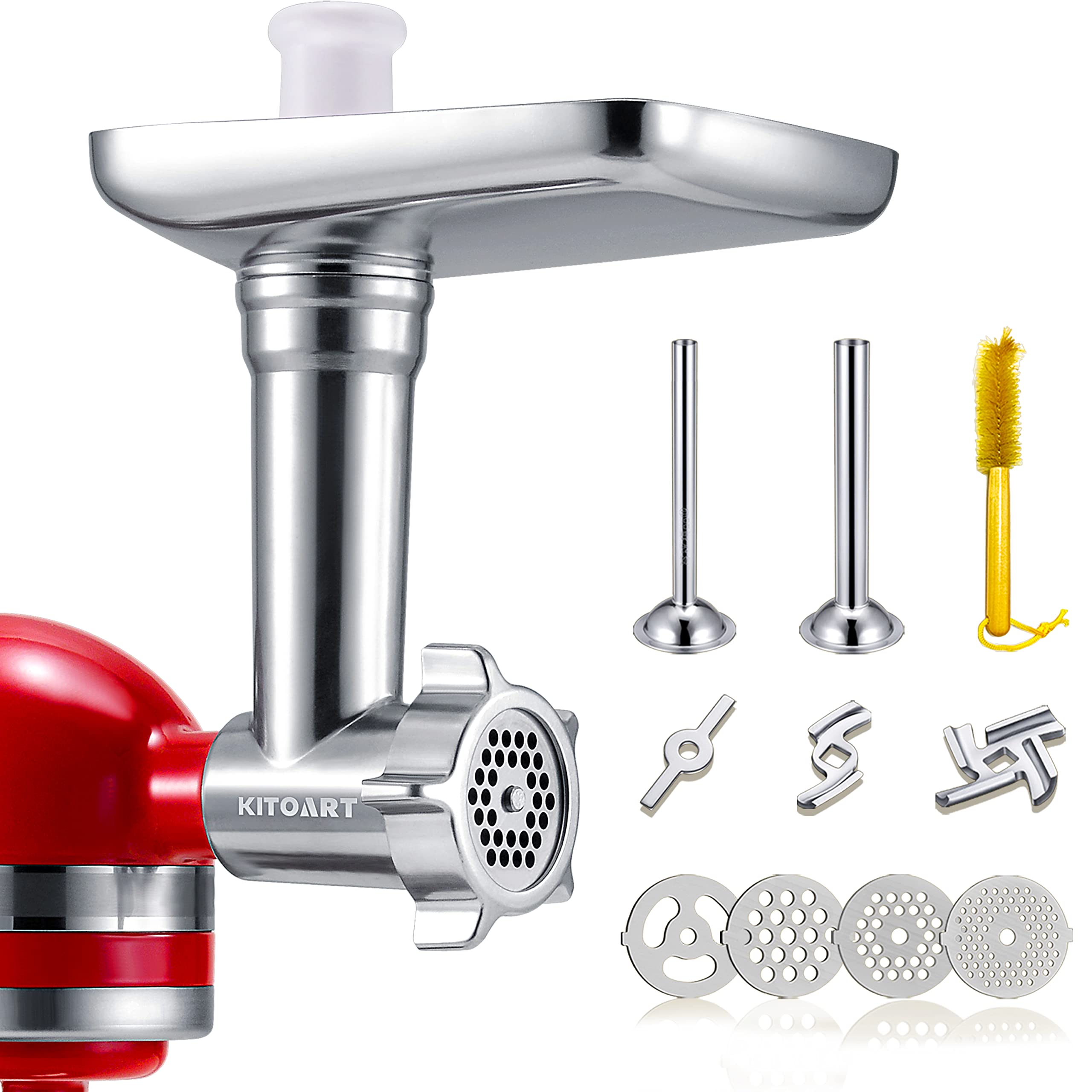 KITOART metal food grinder attachment for KitchenAid in action, delivering consistent texture