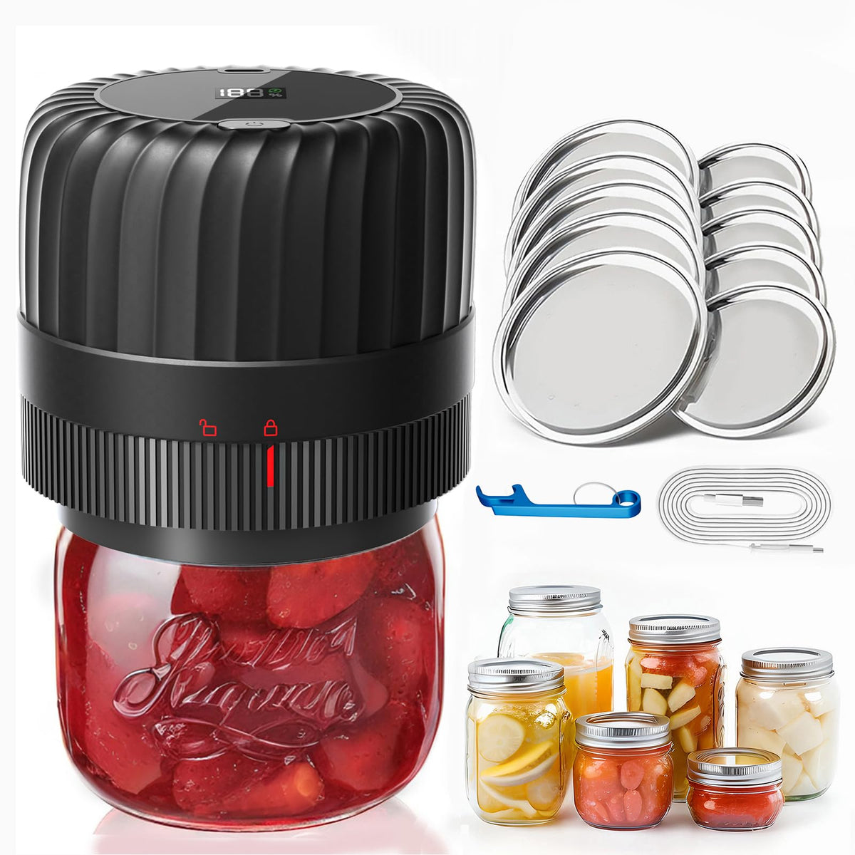 KITOOL electric mason jar vacuum sealer with wide-mouth configuration demonstrating a tight seal
