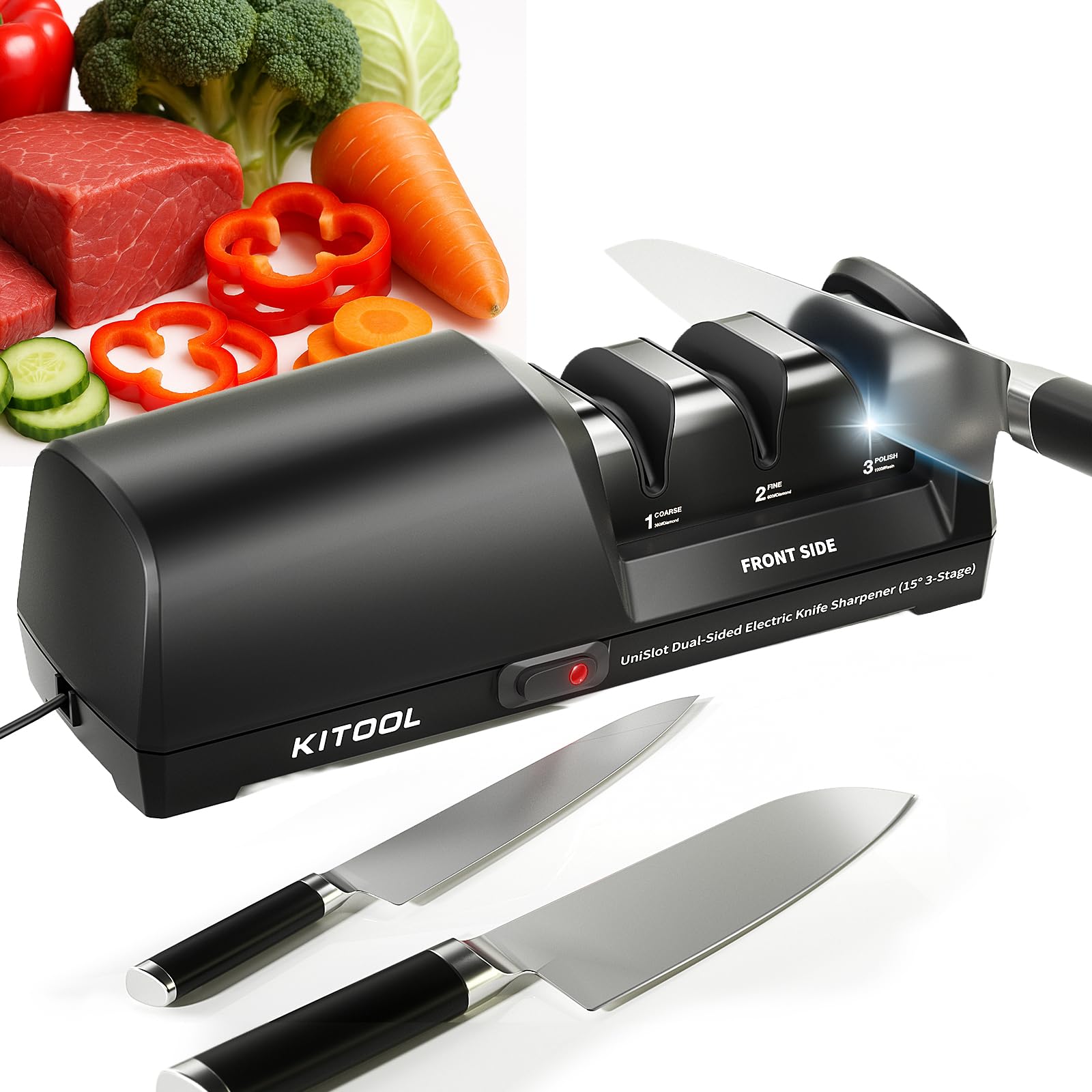 KITOOL electric knife sharpener dual-sided system for balanced blade edges.