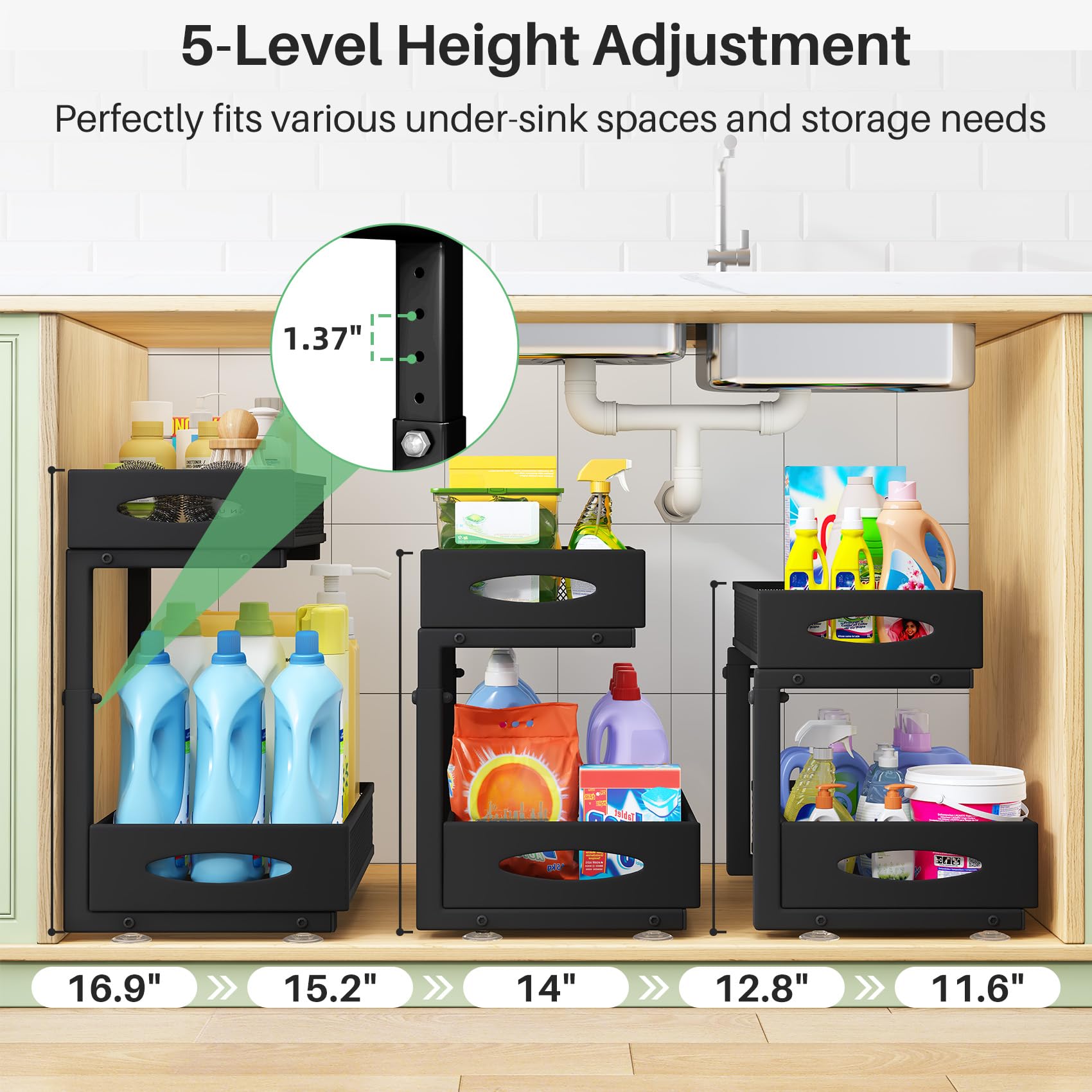 Kitstorack adjustable-height under-sink storage fits varied cabinet sizes.