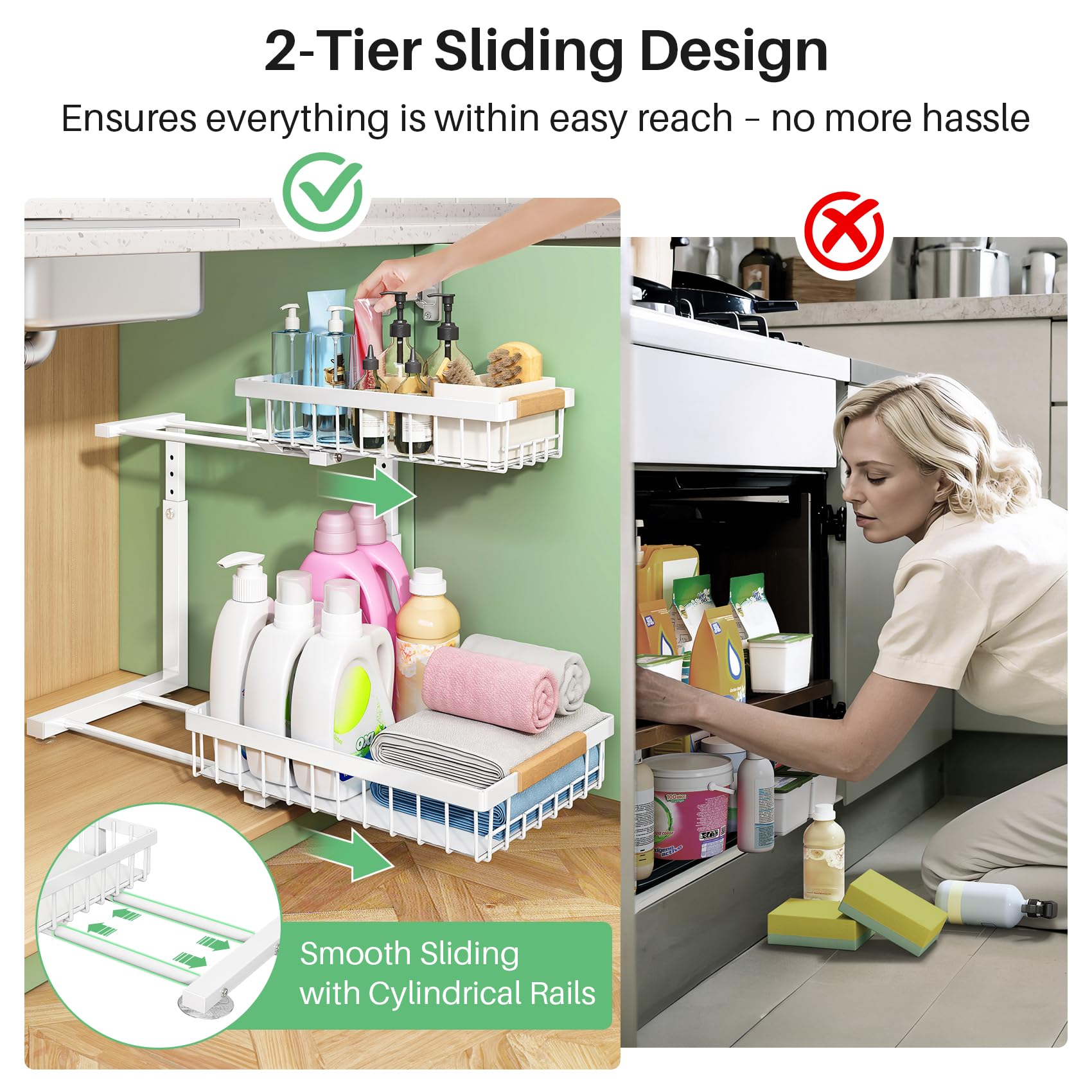 Kitstorack heavy-load capacity up to 50 lbs supports cleaning supplies and bulk items.