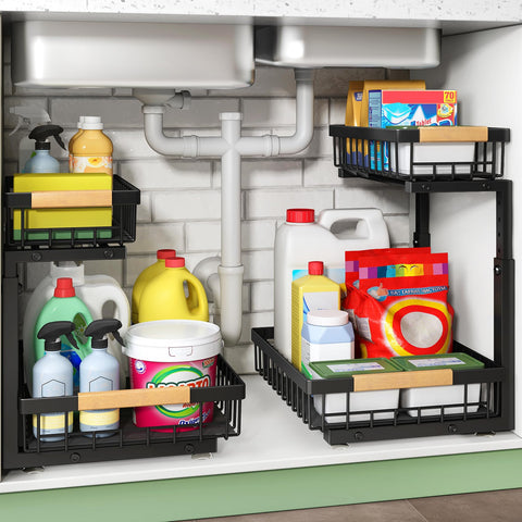 Kitstorack pull-out cabinet organizer two-tier under-sink for quick access to tall bottles