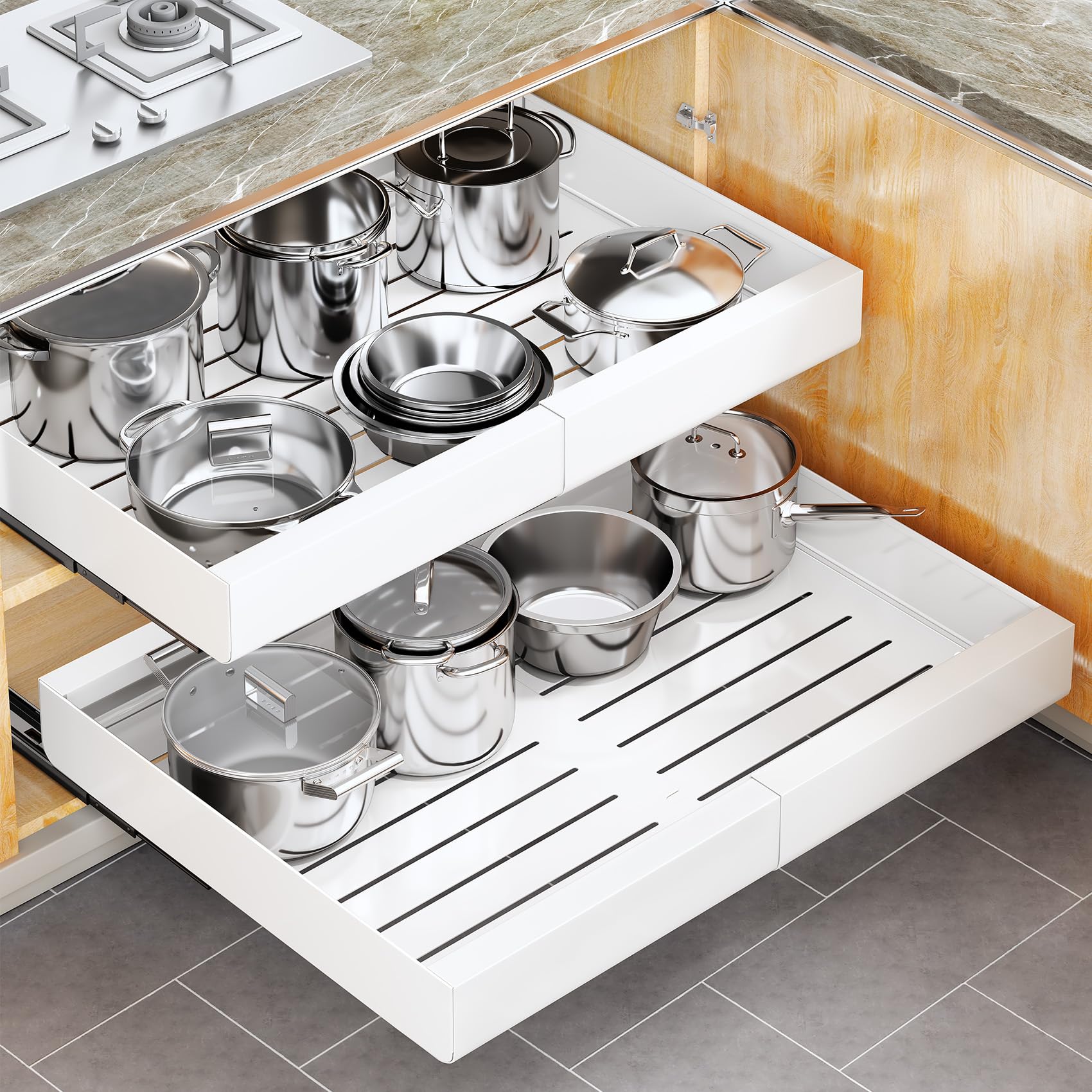 Kitstorack pull-out cabinet organizer in a white cabinet offers quick access to pots and pans.