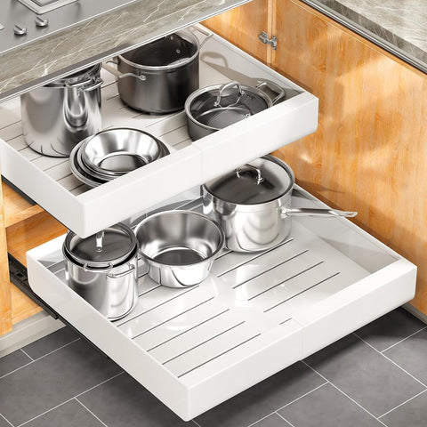 Kitstorack pull-out cabinet organizer extendable for easy access to pots and pans.