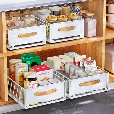 Kitstorack pull-out organizer with adhesive mounts for quick frameless cabinet installation.