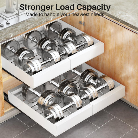 Kitstorack space-saving design maximizes cabinet capacity for appliances and canned goods.