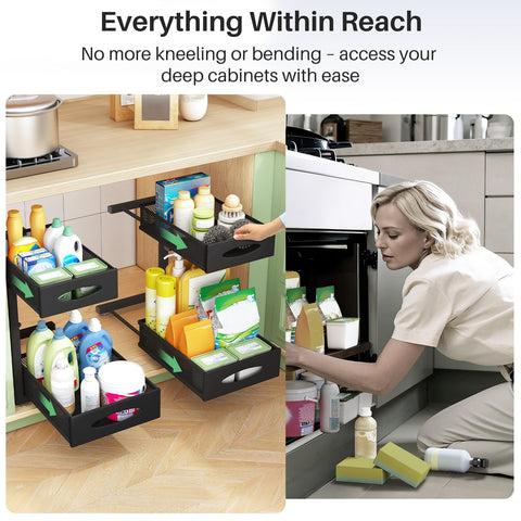 Kitstorack two-tier slide-out baskets optimize cabinet organization.