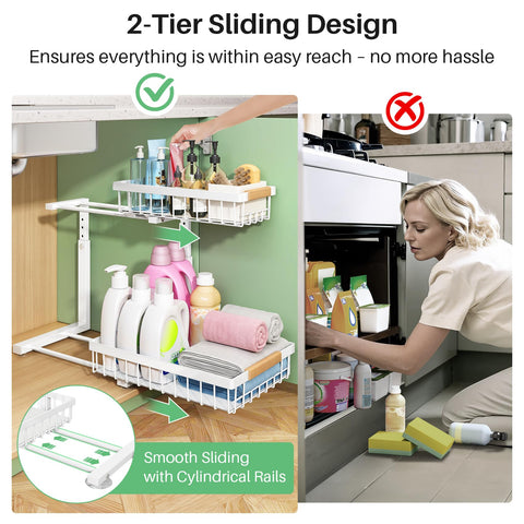 Kitstorack two-tier sliding design keeps items organized and visible.