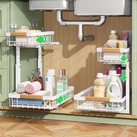 Kitstorack under sink organizer with two-tier pull-out for easy access to cleaners.