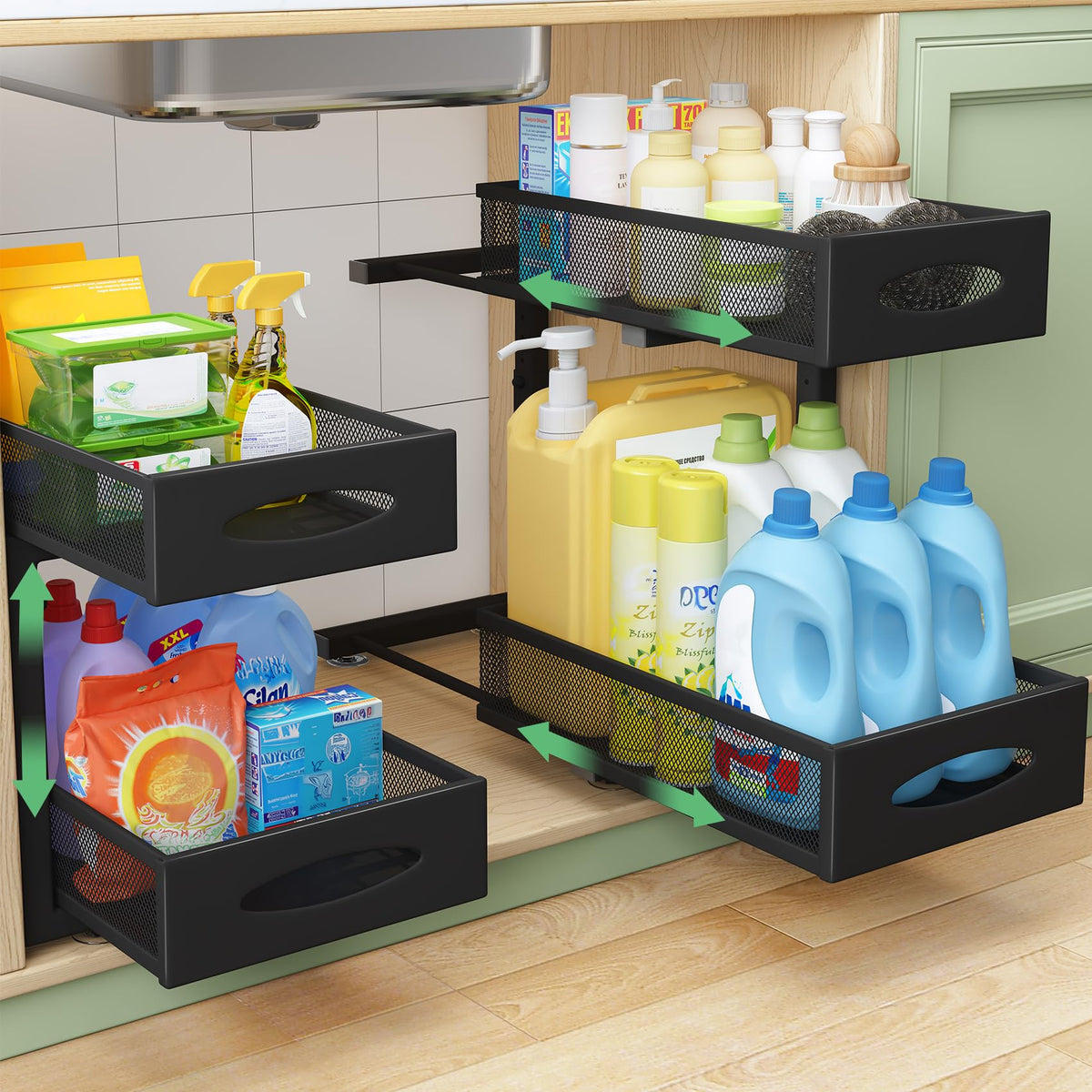 Kitstorack under-sink organizer top-drawer mesh for easy access and tidy cabinet storage.