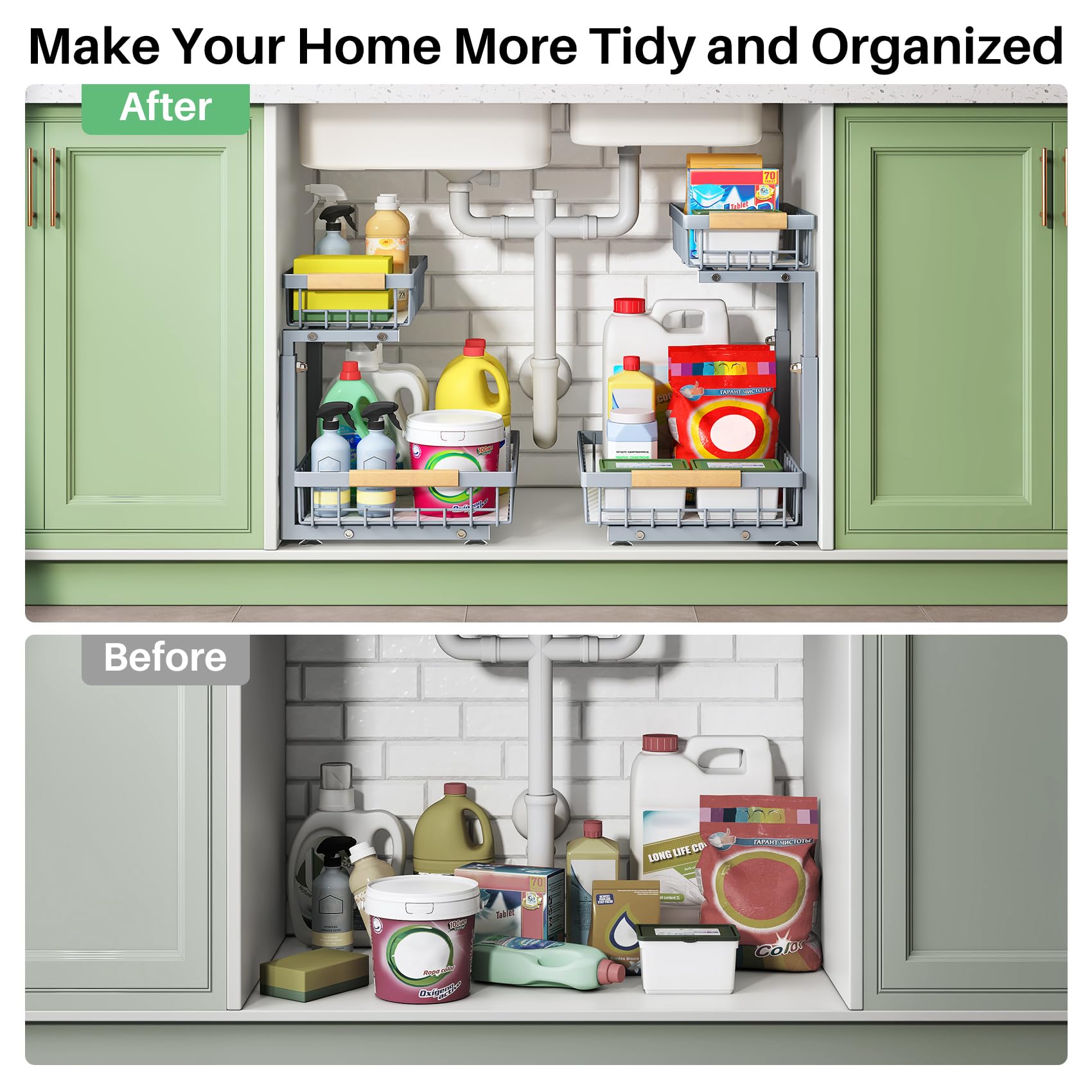 Kitstorack under-sink organizer grey finish blends with kitchen decor