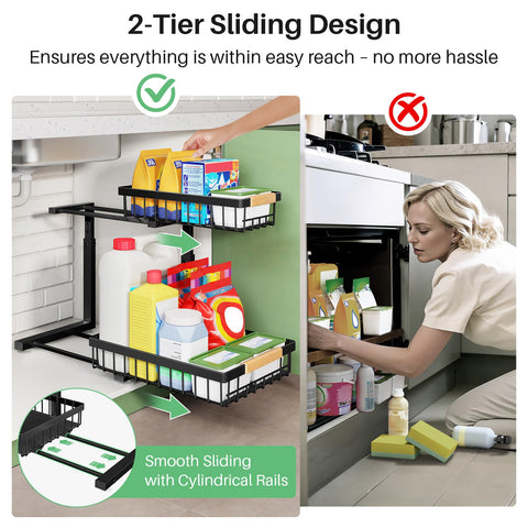 Kitstorack two-tier access improves kitchen and bath organization