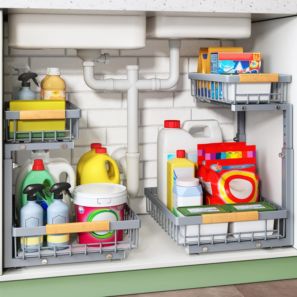 Kitstorack under-sink organizer two-tier drawer enhances access under the sink
