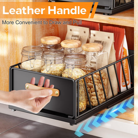 Kitstorack under-sink organizers maximize space without kneeling to reach items.