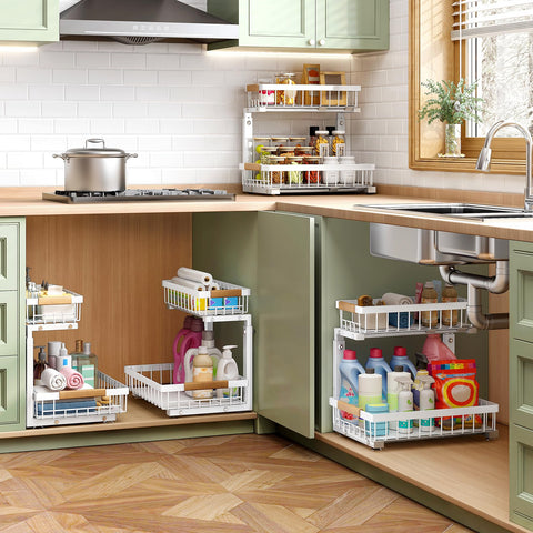 Kitstorack white finish sliding storage blends with cabinets and maximizes space.