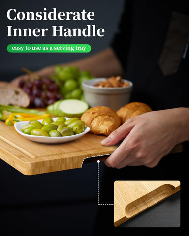 Kitsure bamboo board with deep juice groove catching liquids during prep.