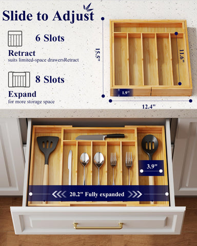 Kitsure bamboo kitchen drawer organizer with deep compartments and side handles for easy lifting.