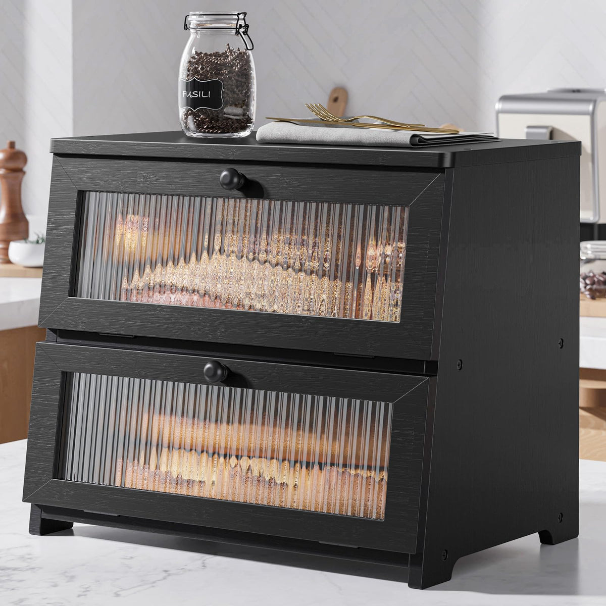 Kitsure bread box front view with window showing spacious storage for fresh bread