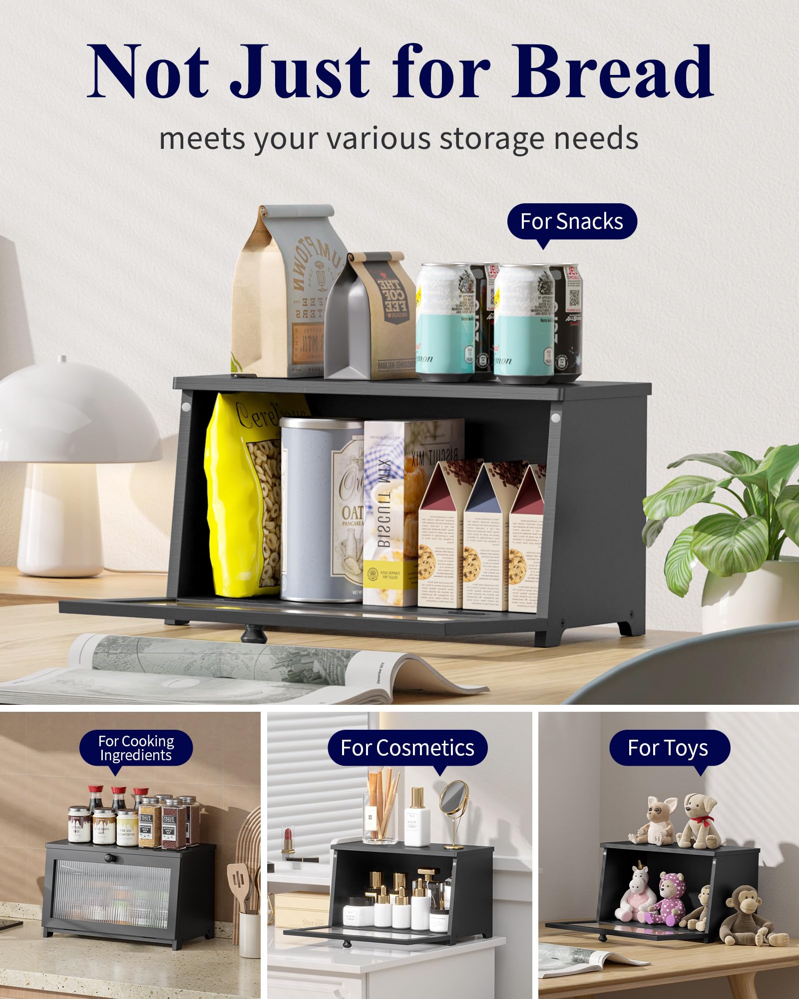 Kitsure bread box dimensions on a kitchen counter showing compact footprint.