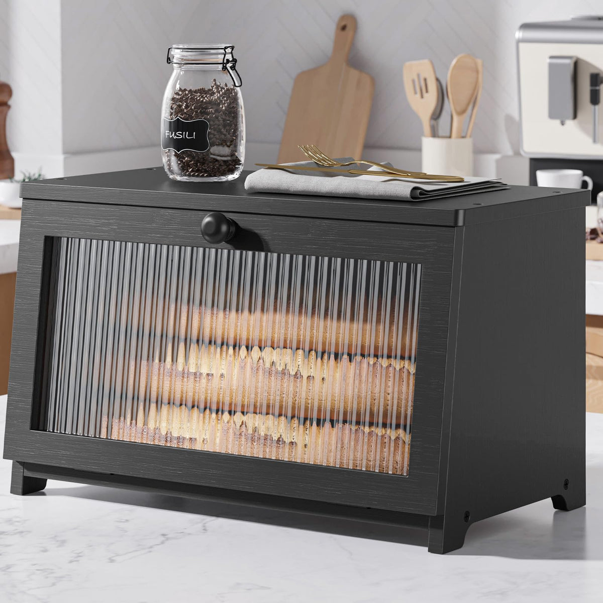 Kitsure bread box with flat-top for extra counter space and easy access.